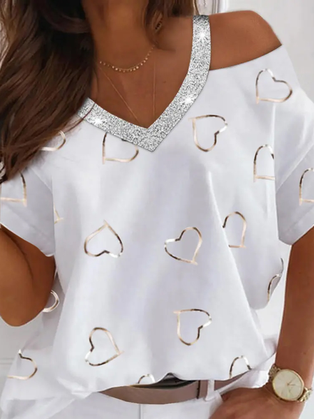 

Casual Heart Short Sleeve Tops, White, Shirts & Blouses