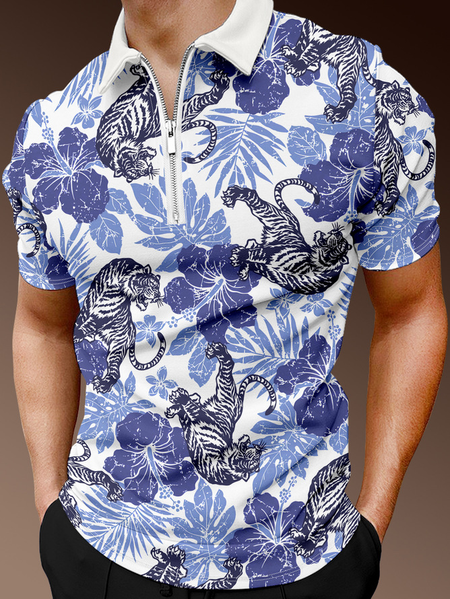 

Resort Style Hawaiian Series Leaf Flower Animal Element Lapel Short-Sleeved Polo Print Top, Blue, Men's t-shirts