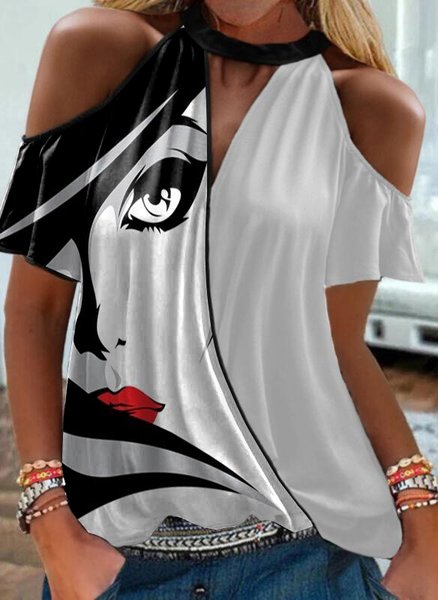 

Casual Abstract Face Contrast Short Sleeve Tops, Multicolor, Shirts & Blouses