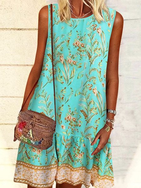 

Printed Loosen Vacation Short Sleeve Knit Dress, Green, Mini Dresses