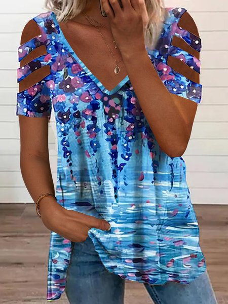 

V Neck Casual Short Sleeve T-Shirt, Blue, T-Shirts