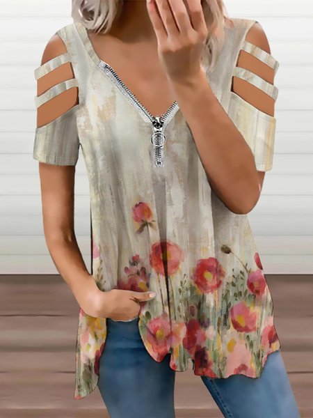 

Casual Gradient Floral Print V-Neck Short Sleeve Top, As picture, Blouses