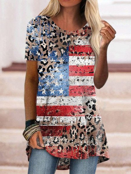 

Crew Neck Flag Loosen Short Sleeve T-Shirt, Multicolor, T-Shirts