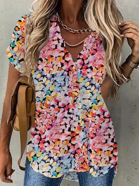 

Floral V Neck Casual Short Sleeve Buttoned Blouse, Pink, Blouses & Shirts