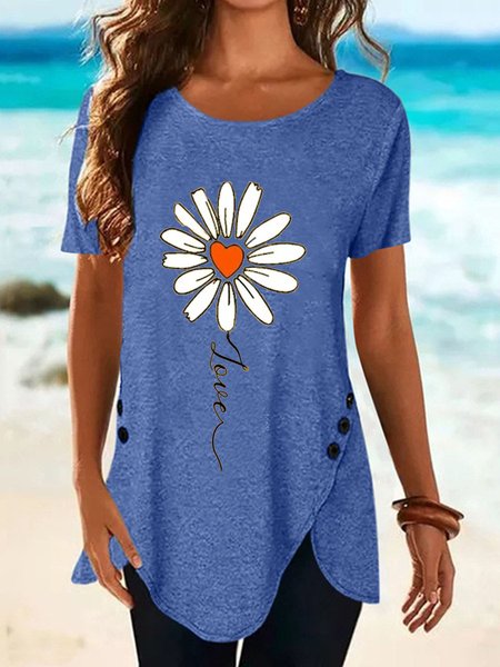 

Floral Crew Neck Casual Short Sleeve Tops, Blue, Tunics