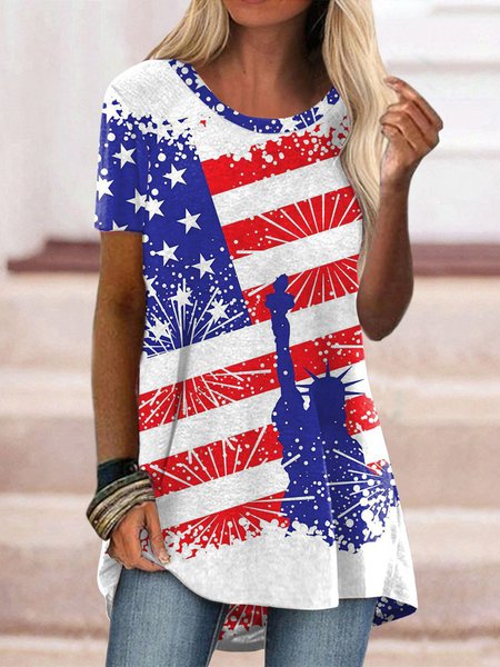 

Loosen Crew Neck Flag Short Sleeve T-Shirt, Multicolor, T-Shirts
