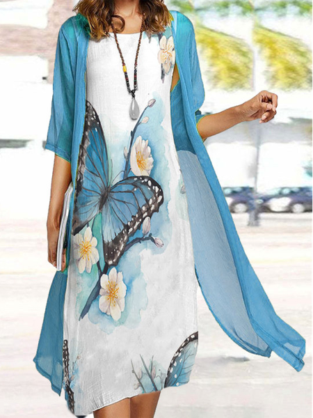 

Casual Dragonfly Print Crew Neck Two-Piece Dress, Blue, Midi Dresses