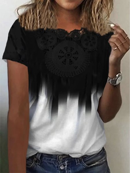 Ombre Color block Lace Crew Neck Casual Short Sleeve T Shirt