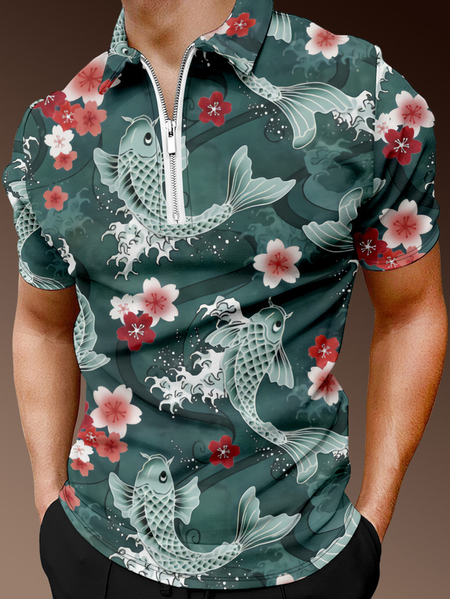 

Casual Style Culture Series Japanese Series Floral Koi Element Lapel Short-Sleeved Polo Print Top, Green, Men's t-shirts