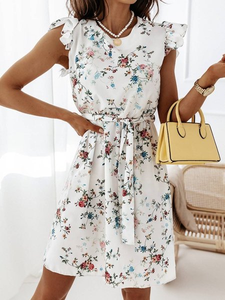 

Floral Casual Round Neck Short Sleeve Woven Dress, White, Mini Dresses
