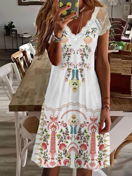 

Floral V Neck Jersey Short Sleeve Knit Dress, White, Mini Dresses