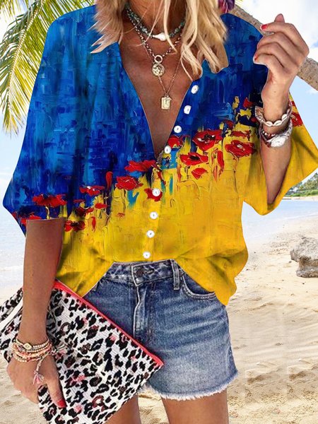 

Gradient Flower Button loose holiday top shirt plus size, Multicolor, Shirts & Blouses