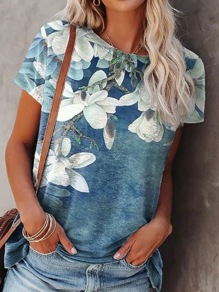 

Casual Floral Crew Neck Short Sleeve T-Shirt, Blue, T-Shirts