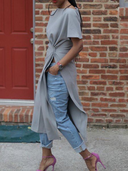 

Crew Neck Solid Simple Short Sleeve Top, Gray, Tops