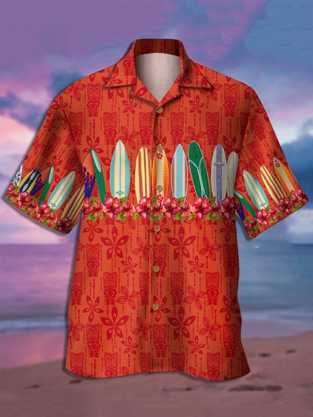 

Vintage Hawaiian Graphic Men's Casual Short Sleeve Shirt, Red, Men's Floral shirt