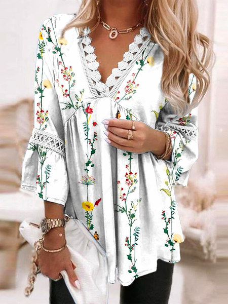 

Casual Loosen V Neck 3/4 Sleeve Tops, White, Tops