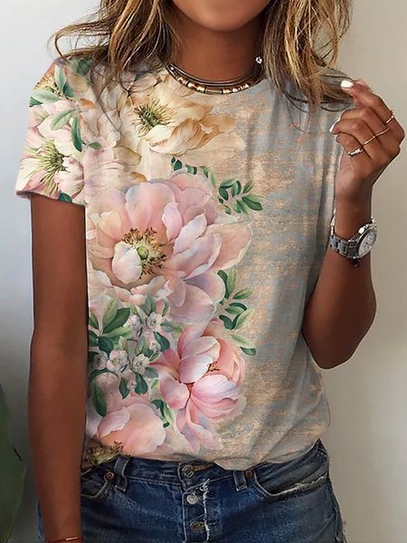 

Casual Short Sleeve T-Shirt, Flower, T-Shirts