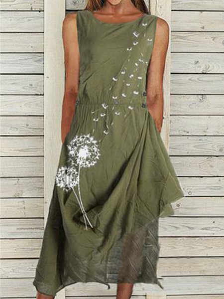 

Dandelion Vintage Sleeveless Woven Dresses, Army green, Midi Dresses