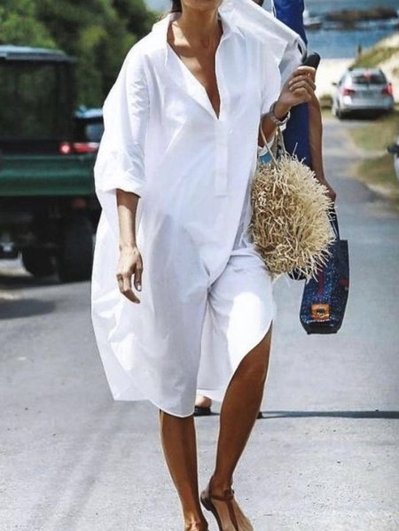 

Casual Plain Short Sleeve Woven Dress, White, Mini Dresses