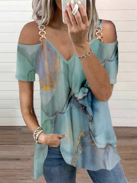 

Abstract Printed Casual V Neck Short Sleeve Plus Size Casual T-shirts, Green, T-Shirts