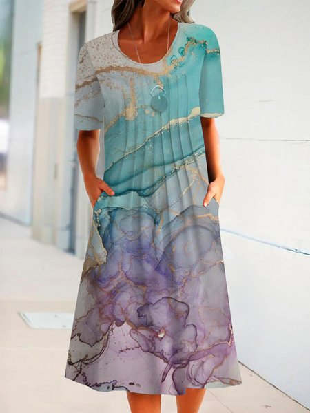 

Short Sleeve Round Neck Plus Size Printed Dress, Multicolor, Mini Dresses