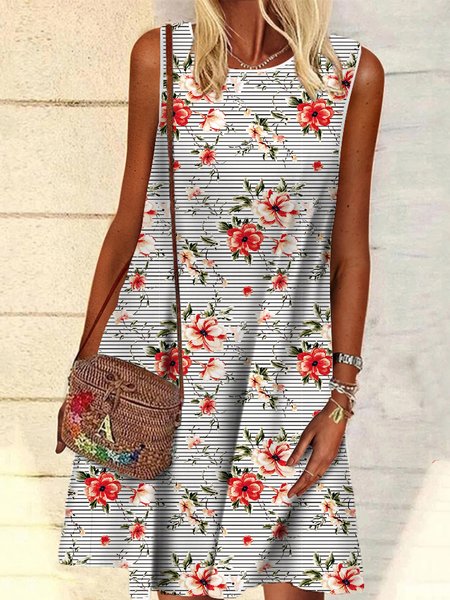

Floral Sleeveless Round Neck Plus Size Printed Dress, Red, Mini Dresses