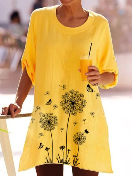 

Casual Loosen Crew Neck Short Sleeve Woven Dress, Yellow, Mini Dresses