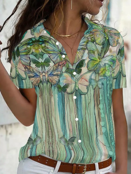

Casual Shirt Collar Short Sleeve Blouse, As picture, Blouses