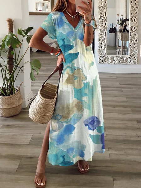 

Casual V neck Printed Short Sleeve Knit Dress, Multicolor, Maxi Dresses