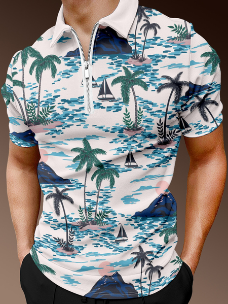 

Resort Style Hawaii Series Leaves Coconut Tree Elements Lapel Short-Sleeved Polo Print Top, Blue, Men's t-shirts