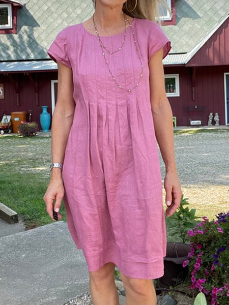 

Cotton Blends Round Neck Short Sleeve Woven Dress, Rose red, Dresses