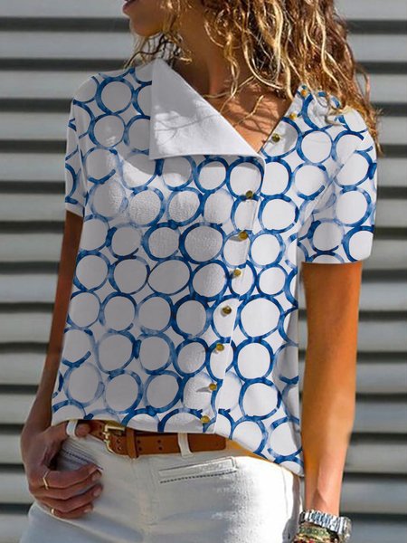 

Vacation Geometric Printed Regular Fit Short Sleeve Tops, White, Shirts & Blouses