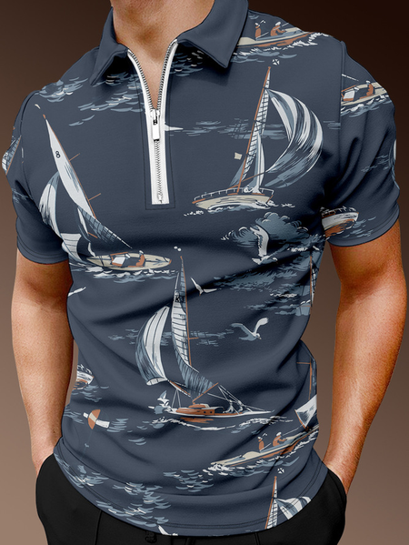 

Resort Style Hawaii Series Wave Seagull Element Lapel Short-Sleeved Polo Print Top, Dark blue, Men's t-shirts