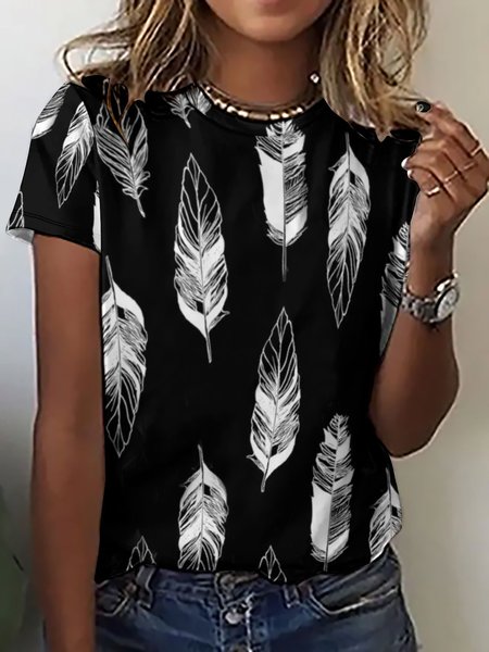 

Casual Simple Feather Print Crew Neck Short Sleeve T-Shirt, Black-white, T-shirts