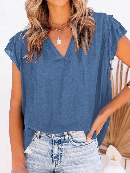 

Casual Plain Short Sleeve Tops, Deep blue, Shirts & Blouses