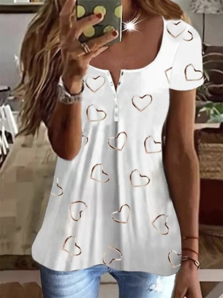 

Heart Short Sleeve Buttoned U Neck Plus Size Casual T-shirts, White, T-Shirts