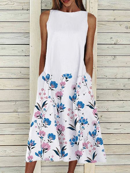 

Casual Loosen Floral Sleeveless Woven Dresses, White-blue, Midi Dresses