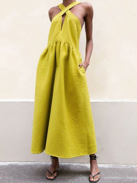 

Vacation Cross Front Sleeveless Solid Dress, Yellow, Maxi Dresses