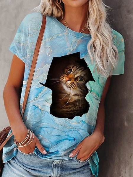 

Cotton-blend abstract ombré marine and print crew-neck short-sleeve T-shirt, Multicolor, T-Shirts