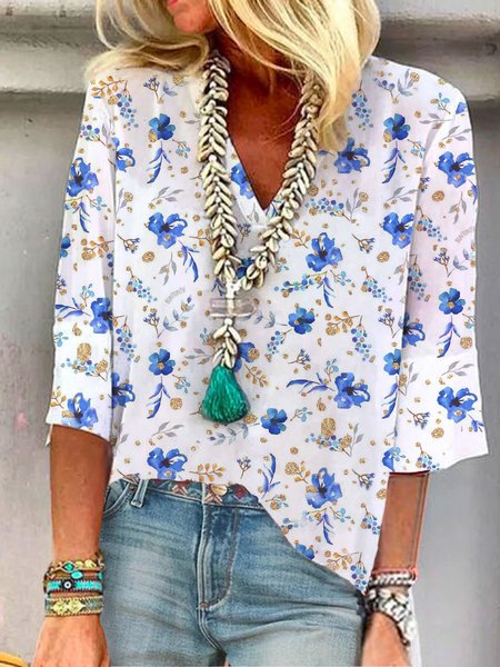 

Casual Floral V Neck Long Sleeve Tops, Blue, Shirts & Blouses