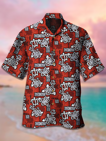

Holiday Style Hawaiian Series Botanical Floral Geometric Ethnic Pattern Element Lapel Short-Sleeved Shirt Print Top, Red, Men's Floral shirt