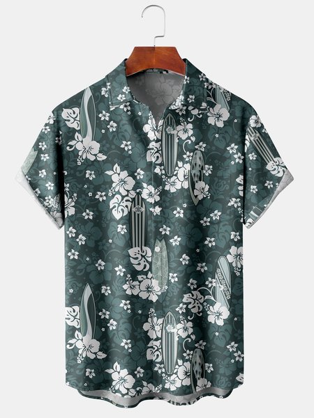 

Hawaiian Graphic Men's Casual Chest Pocket Short Sleeve Shirt, Deep green, Men's Floral shirt