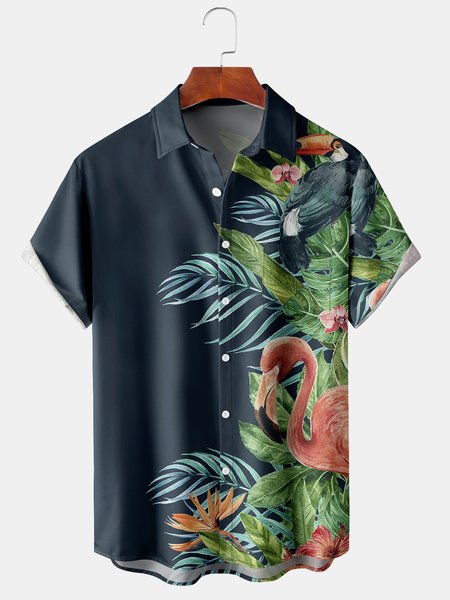 

Men's Flamingo Print Casual Breathable Hawaiian Short Sleeve Shirt, Purplish blue, Men's Floral shirt