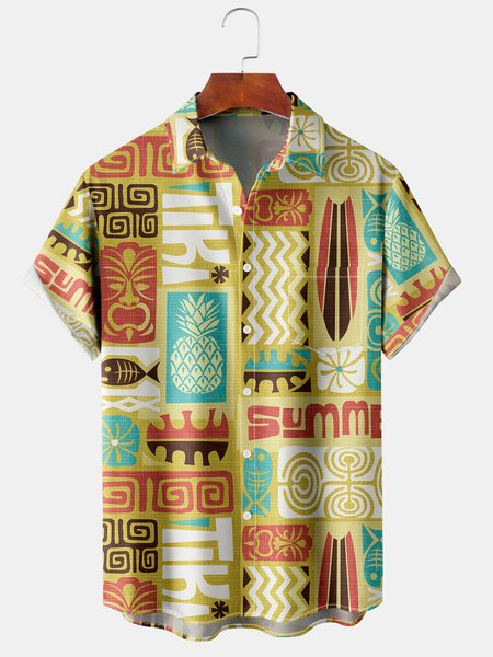 

Vintage Hawaiian Graphic Men's Casual Chest Pocket Short Sleeve Shirt, Yellow, Men's Floral shirt