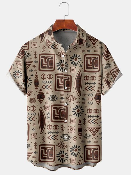 

Vintage Hawaiian Graphic Men's Casual Chest Pocket Short Sleeve Shirt, Light khaki, Men's Floral shirt