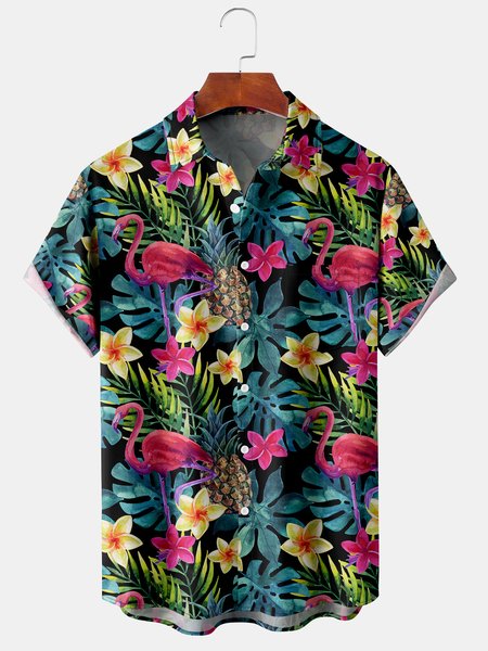 

Men's Flamingo Print Casual Breathable Hawaiian Short Sleeve Shirt, Black, Men's Floral shirt