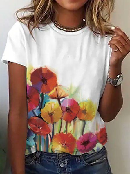 

Crew Neck Floral Casual Short Sleeve T-Shirt, White, T-Shirts