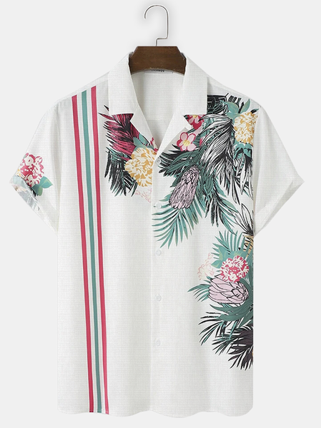 Cotton Linen Botanical Floral Print Lapel Cozy Linen Shirt, As picture, Shirts ＆ Blouse