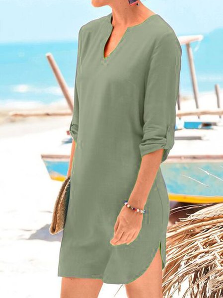 Plain Casual Long Sleeve Woven Dress, Green, Mini Dresses