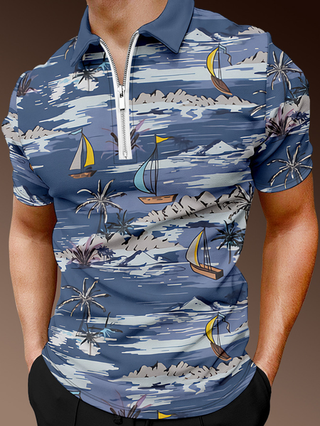 

Resort Style Hawaiian Series Leaf Wave Element Lapel Short-Sleeved Polo Print Top, Blue, Men's t-shirts